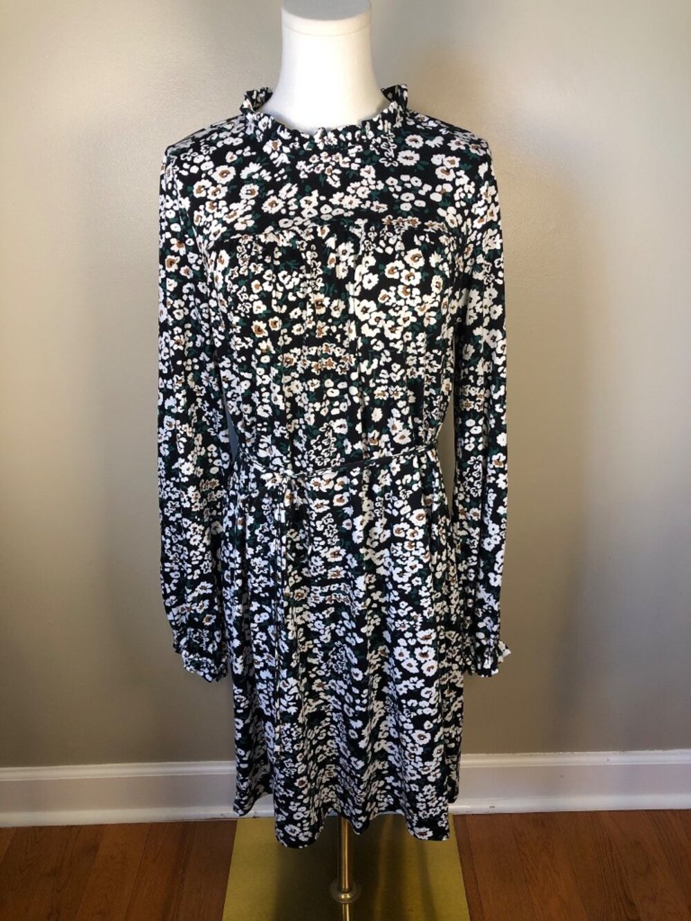 NWT Boden DO448 Floral A-Line Dress Multicolor Ruffle Neck Tie Waist Size 8R
